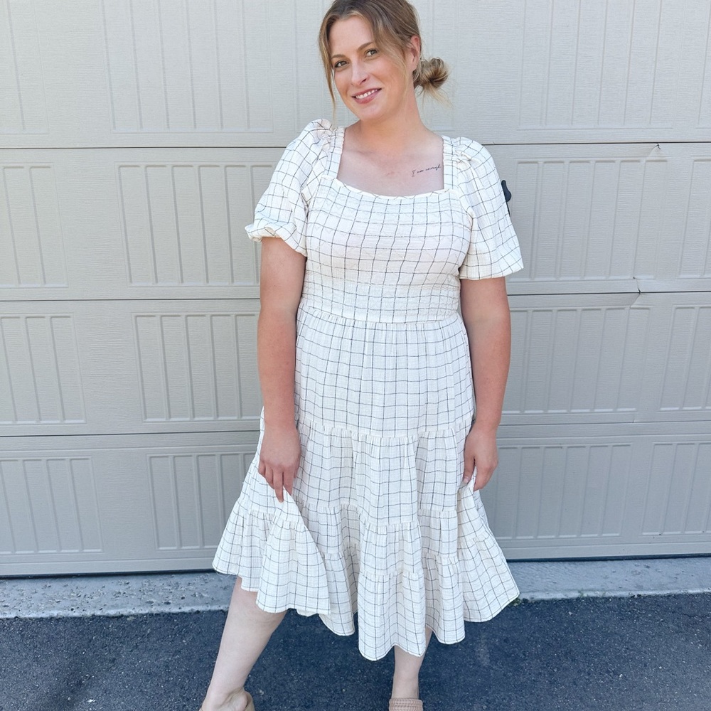 Nurture by Westbound Ivory and Black Windowpane Smocked Dress